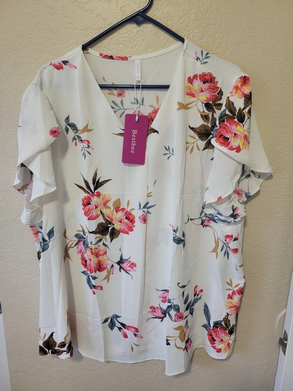 White Floral V-Neck Ruffle Sleeve Blouse